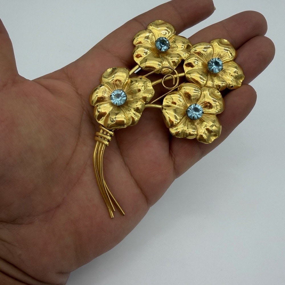 Vtg Sterling Craft by Coro Brooch Aqua Crystal Flower Huge Excellent Rare